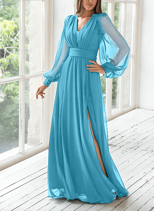 A-Line V-Neck Long Sleeves Floor-Length Chiffon Mother Of The Bride Dresses With Split Front