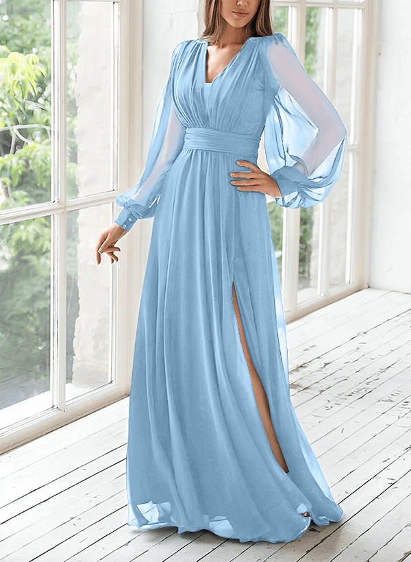 A-Line V-Neck Long Sleeves Floor-Length Chiffon Mother Of The Bride Dresses With Split Front