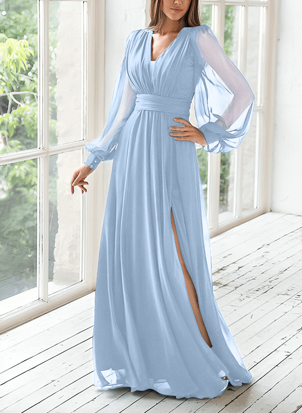 A-Line V-Neck Long Sleeves Floor-Length Chiffon Mother Of The Bride Dresses With Split Front