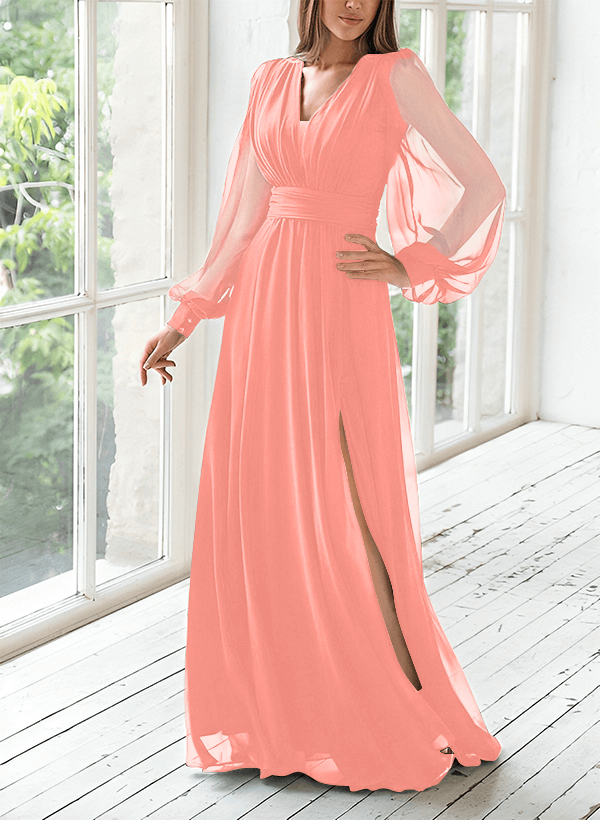 A-Line V-Neck Long Sleeves Floor-Length Chiffon Mother Of The Bride Dresses With Split Front
