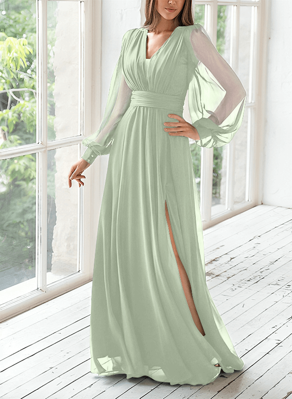 A-Line V-Neck Long Sleeves Floor-Length Chiffon Mother Of The Bride Dresses With Split Front