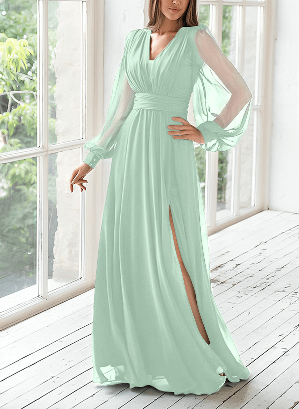 A-Line V-Neck Long Sleeves Floor-Length Chiffon Mother Of The Bride Dresses With Split Front