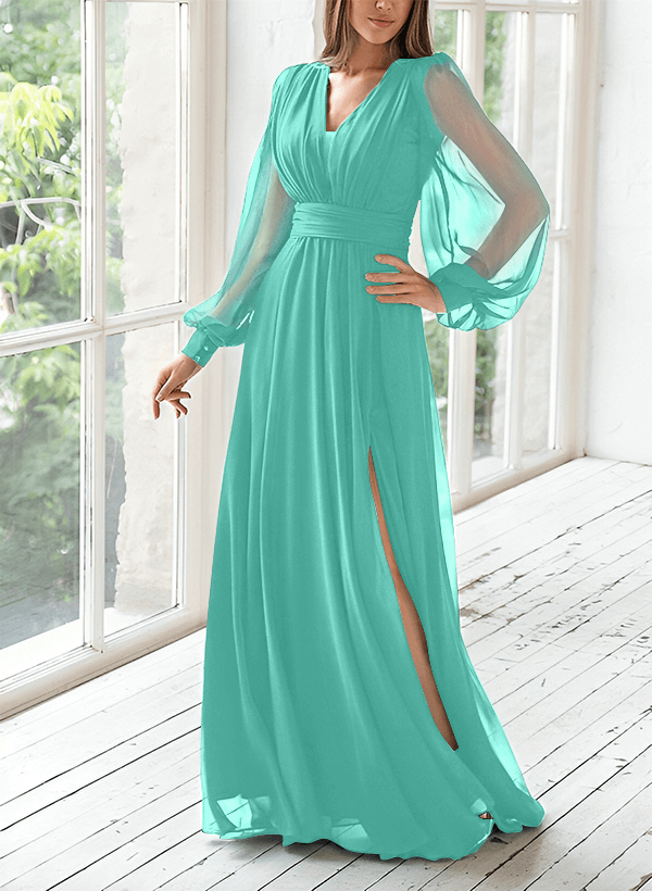 A-Line V-Neck Long Sleeves Floor-Length Chiffon Mother Of The Bride Dresses With Split Front