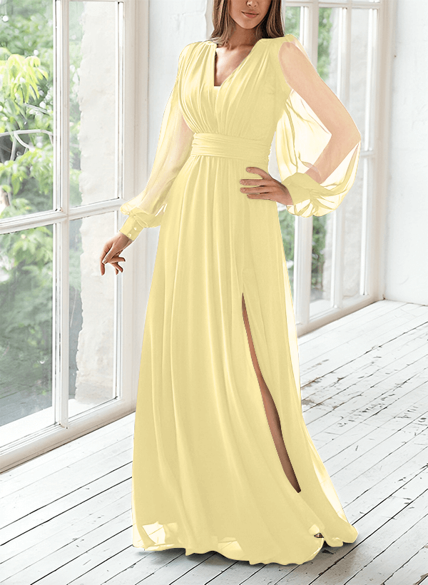 A-Line V-Neck Long Sleeves Floor-Length Chiffon Mother Of The Bride Dresses With Split Front
