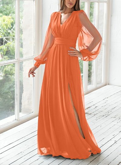 A-Line V-Neck Long Sleeves Floor-Length Chiffon Mother Of The Bride Dresses With Split Front