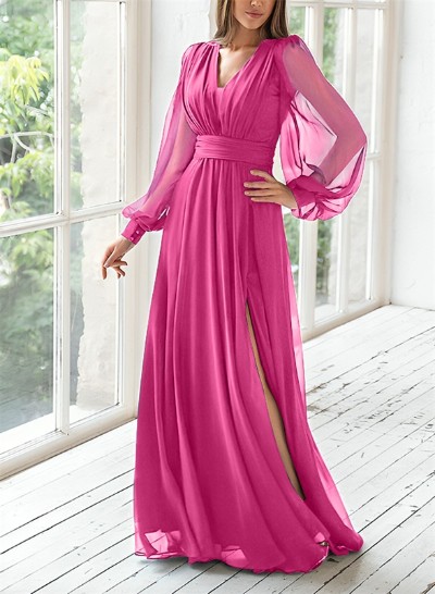 A-Line V-Neck Long Sleeves Floor-Length Chiffon Mother Of The Bride Dresses With Split Front