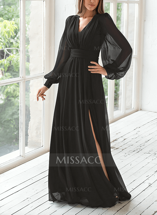 Modest Long Lantern Sleeves V-Neck Chiffon Mother Of The Bride 