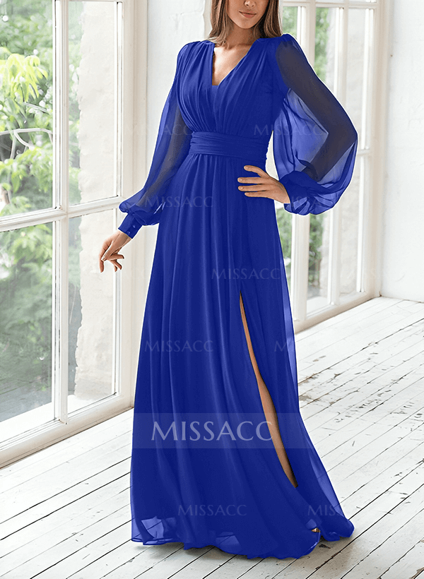 Modest Long Lantern Sleeves V-Neck Chiffon Mother Of The Bride 
