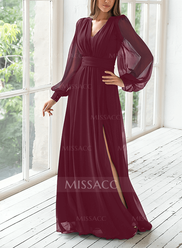 Modest Long Lantern Sleeves V-Neck Chiffon Mother Of The Bride 