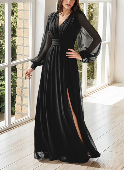 Modest Long Lantern Sleeves V-Neck Chiffon Mother Of The Bride Dresses With Split Front