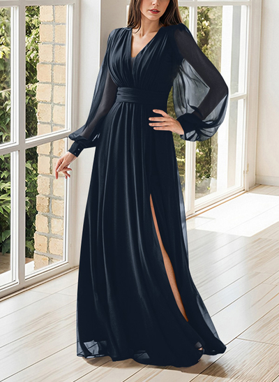 Modest Long Lantern Sleeves V-Neck Chiffon Mother Of The Bride Dresses With Split Front