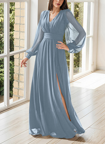 Modest Long Lantern Sleeves V-Neck Chiffon Mother Of The Bride Dresses With Split Front