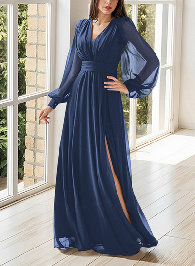 Modest Long Lantern Sleeves V-Neck Chiffon Mother Of The Bride Dresses With Split Front