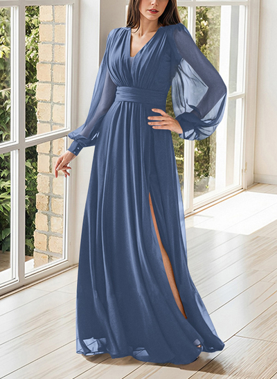 Modest Long Lantern Sleeves V-Neck Chiffon Mother Of The Bride Dresses With Split Front