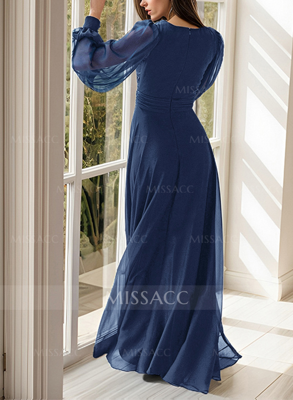 Modest Long Lantern Sleeves V-Neck Chiffon Mother Of The Bride Dresses With Split Front