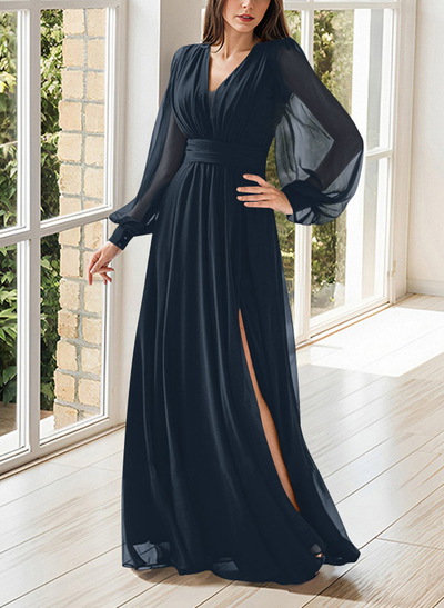 Modest Long Lantern Sleeves V-Neck Chiffon Mother Of The Bride Dresses With Split Front