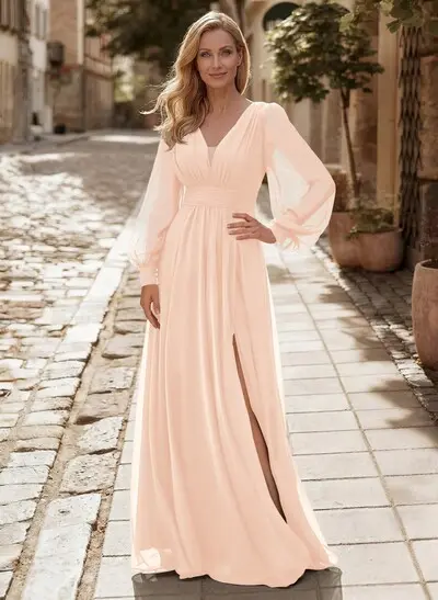 tiered formal dress with sleeves Long Sleeve Mother Of The Bride – 2 Piece Chiffon V Neck Evening Gown Built-In Bra Fall2026