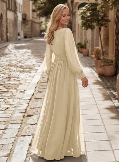 Modest Long Lantern Sleeves V-Neck Chiffon Mother Of The Bride Dresses With Split Front