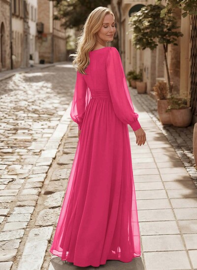 Modest Long Lantern Sleeves V-Neck Chiffon Mother Of The Bride Dresses With Split Front
