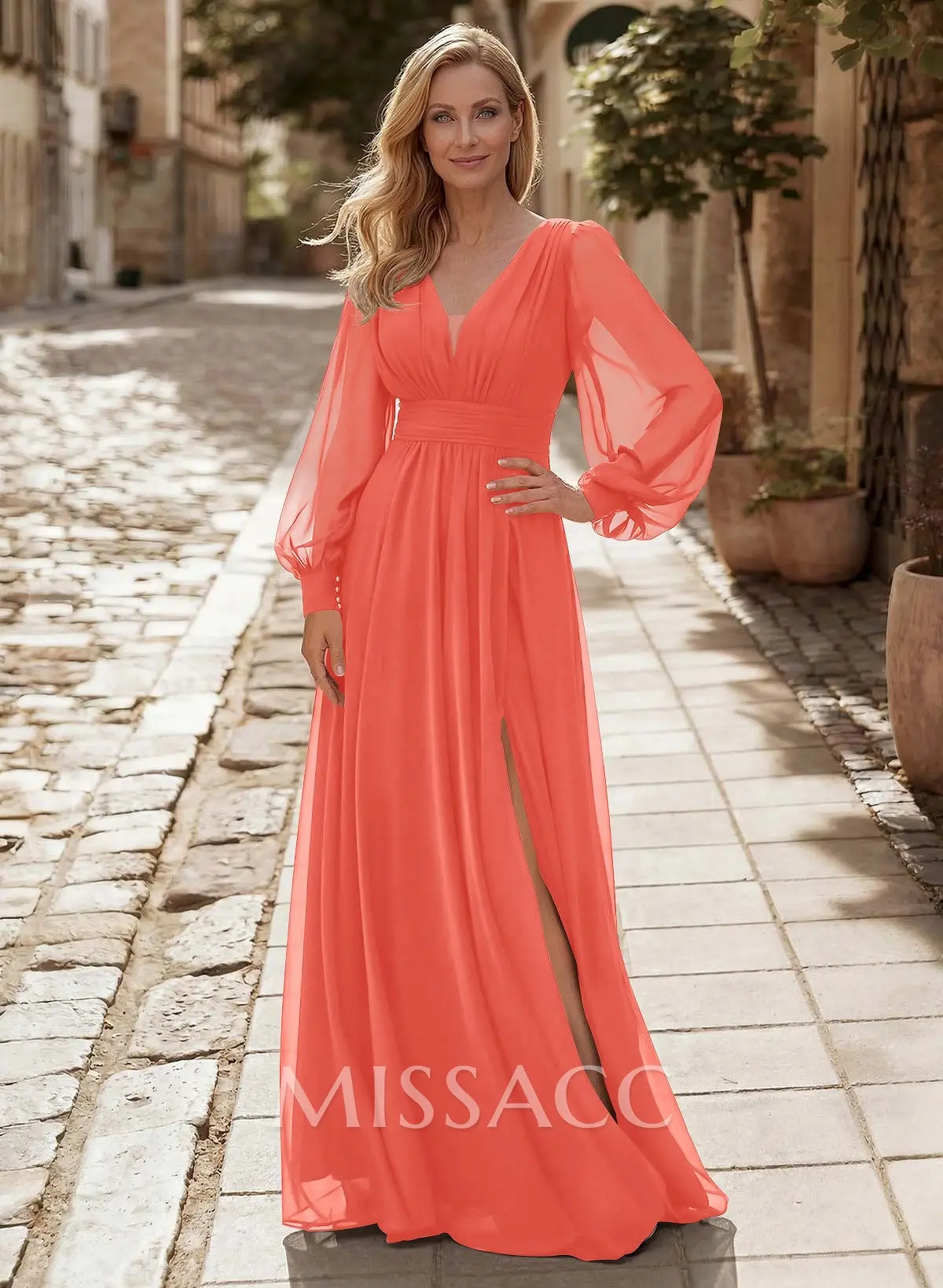 MYLAN ロングワンピース　VolumeSleeve V neckDress Modest Long Lantern Sleeves V-Neck Chiffon Mother Of The Bride