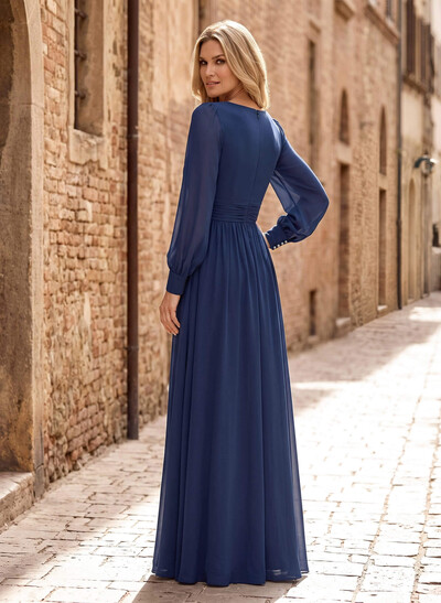 Modest Long Lantern Sleeves V-Neck Chiffon Mother Of The Bride Dresses With Split Front