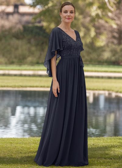 A-Line V-Neck Short Sleeves Chiffon/Lace Mother Of The Bride Dresses