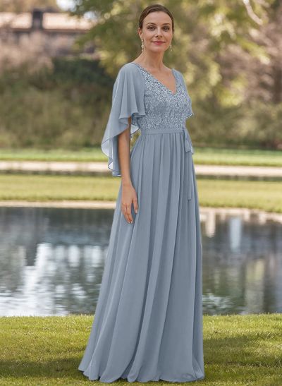 A-Line V-Neck Short Sleeves Chiffon/Lace Mother Of The Bride Dresses