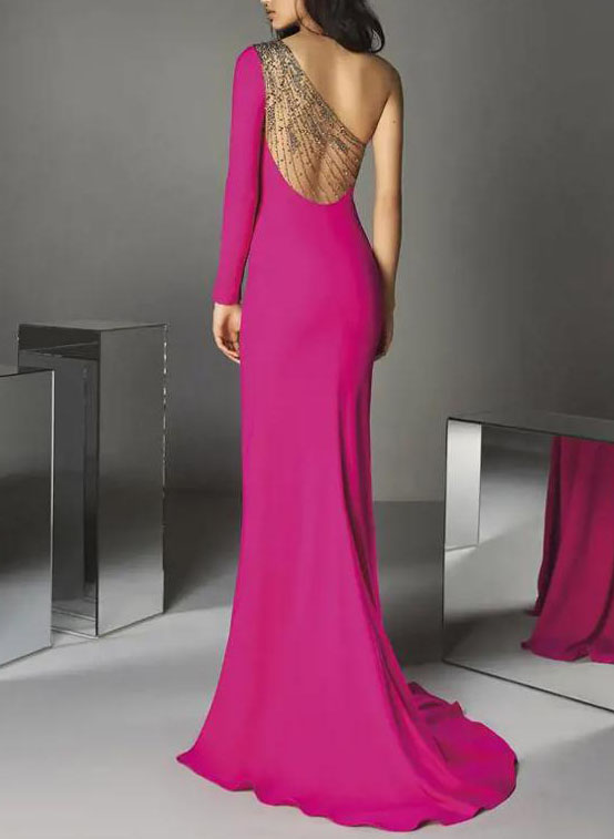 Hot Pink Sparkly One-Shoulder Long Sleeves Mother Of The Bride Dresses