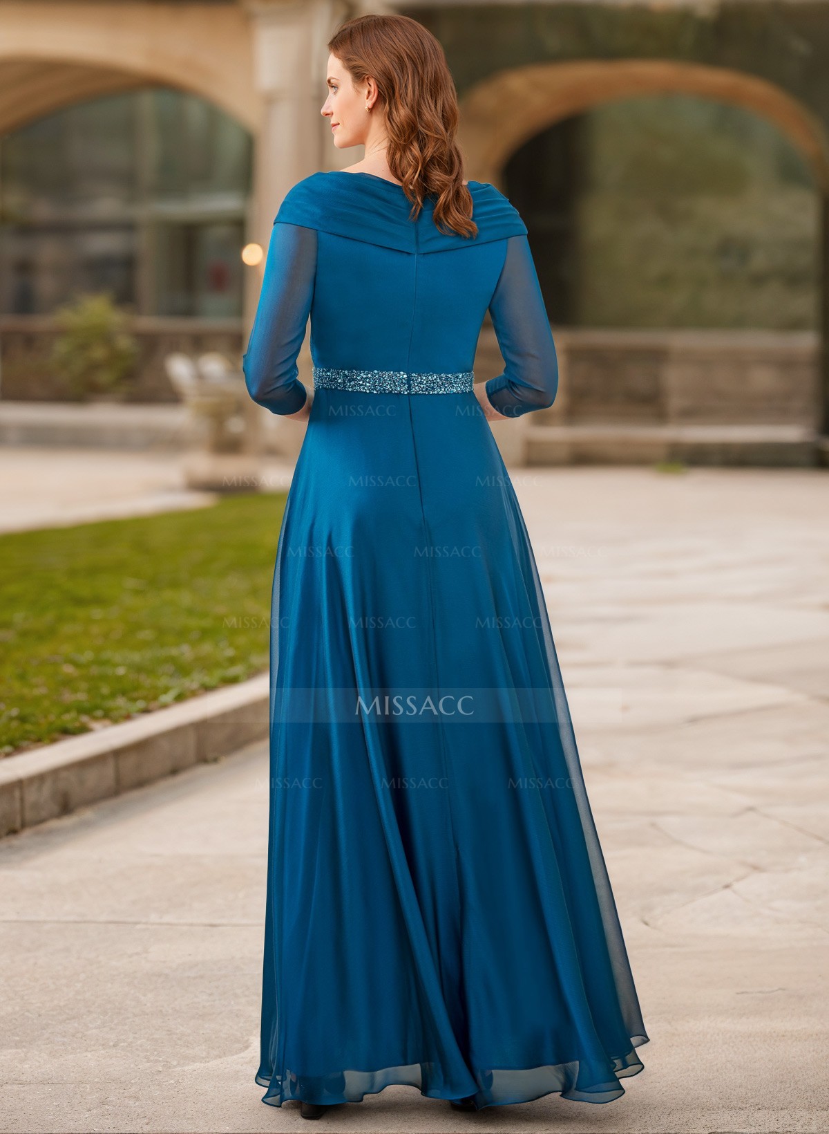 A-Line V-Neck 3/4 Sleeves Chiffon Mother Of The Bride Dresses With Sash