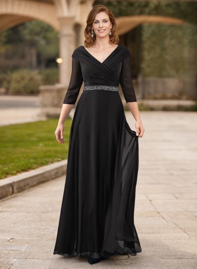 A-Line V-Neck 3/4 Sleeves Chiffon Mother Of The Bride Dresses With Sash