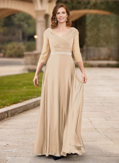 A-Line V-Neck 3/4 Sleeves Chiffon Mother Of The Bride Dresses With Sash