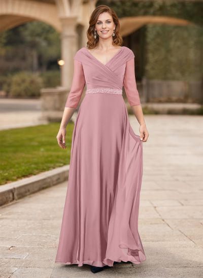 A-Line V-Neck 3/4 Sleeves Chiffon Mother Of The Bride Dresses With Sash