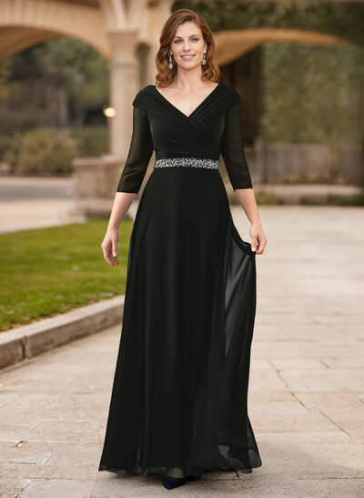 A-Line V-Neck 3/4 Sleeves Chiffon Mother Of The Bride Dresses With Sash