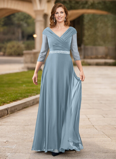 A-Line V-Neck 3/4 Sleeves Chiffon Mother Of The Bride Dresses With Sash