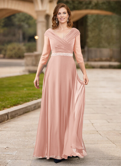 A-Line V-Neck 3/4 Sleeves Chiffon Mother Of The Bride Dresses With Sash