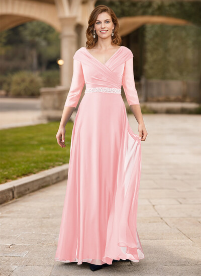 A-Line V-Neck 3/4 Sleeves Chiffon Mother Of The Bride Dresses With Sash