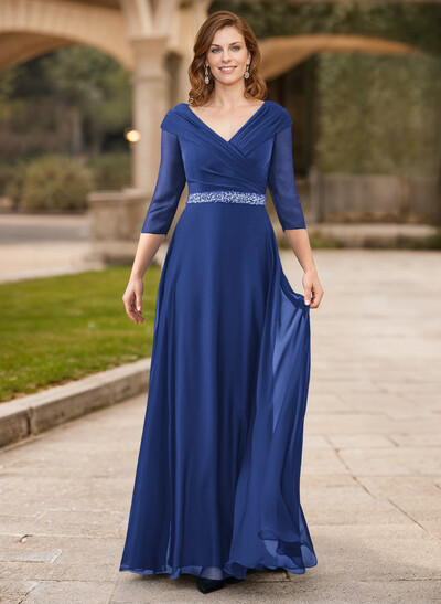 A-Line V-Neck 3/4 Sleeves Chiffon Mother Of The Bride Dresses With Sash