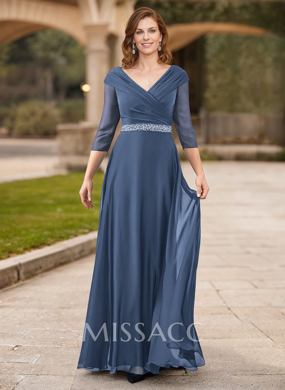 A-Line V-Neck 3/4 Sleeves Chiffon Mother Of The Bride Dresses With Sash A-Line V-Neck 3/4 Sleeves Chiffon Mother Of The Bride Dresses With Sash