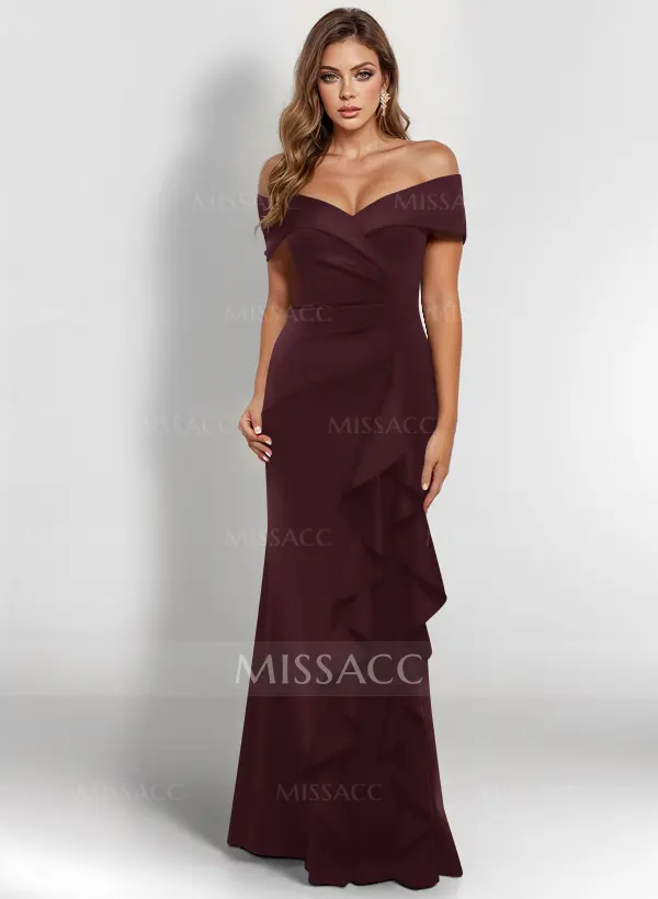 Missacc Home Try-on Burgundy Mother of The Bride Dresses Elegant Ruched Off-The-Shoulder Mother of The Bride Dresses with Cascading Ruffles