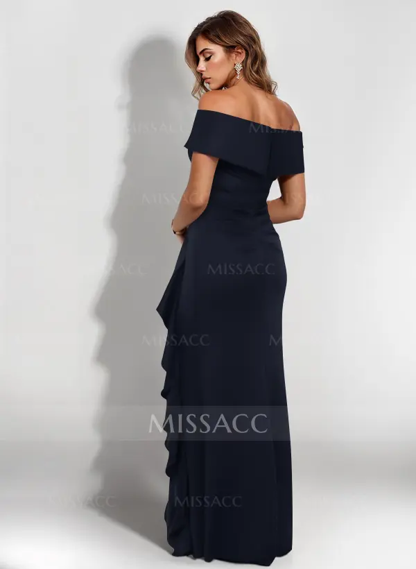 Missacc Home Try-on Dark Navy Mother of The Bride Dresses Elegant Ruched Off-The-Shoulder Mother of The Bride Dresses with Cascading Ruffles