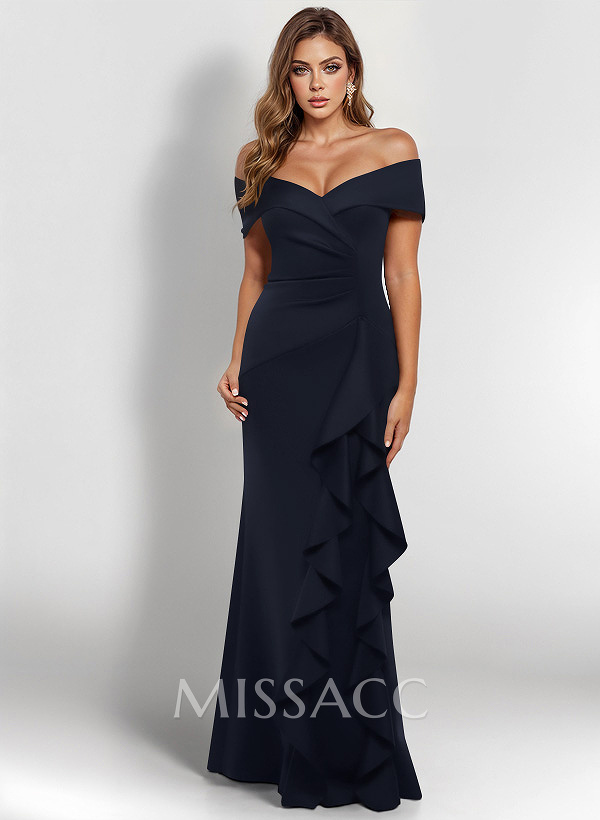 Elegant Ruched Off-The-Shoulder Mother Of The Bride Dresses With Cascading Ruffles Elegant Ruched Off-The-Shoulder Mother Of The Bride Dresses With Cascading Ruffles