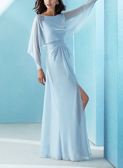 Scoop Neck Long Sleeves Chiffon Mother Of The Bride Dresses With Split Front