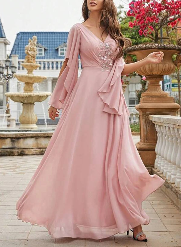 A-Line V-Neck Floor-Length Chiffon Mother Of The Bride Dresses With Appliques Lace