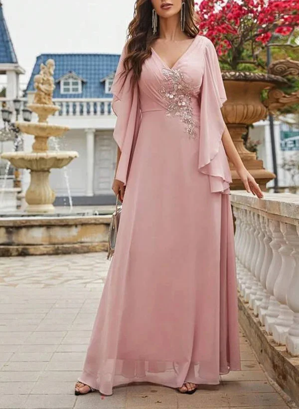 Missacc Mother Of The Bride Dresses A-Line V-Neck Floor-Length Chiffon Mother Of The Bride Dresses With Appliques Lace