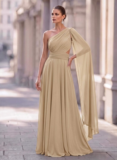 A-Line One-Shoulder Sweep Train Chiffon Mother Of The Bride Dresses