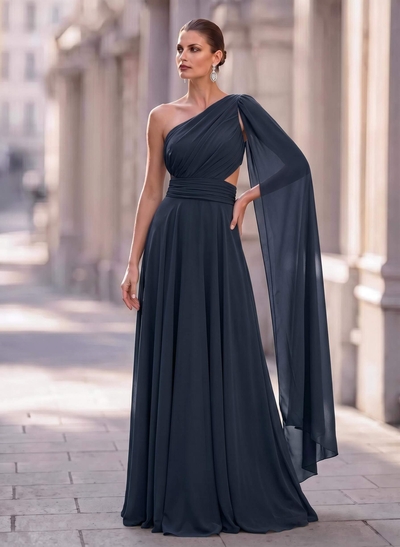 A-Line One-Shoulder Sweep Train Chiffon Mother Of The Bride Dresses