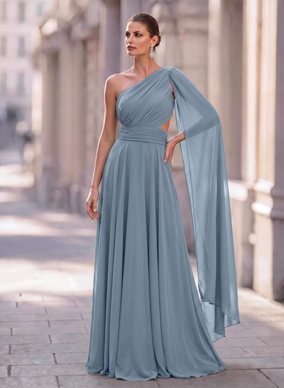 A-Line One-Shoulder Sweep Train Chiffon Mother Of The Bride Dresses