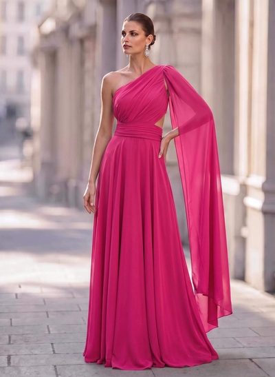 A-Line One-Shoulder Sweep Train Chiffon Mother of the Bride Dresses