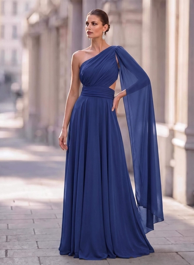A-Line One-Shoulder Sweep Train Chiffon Mother Of The Bride Dresses