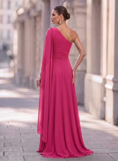 A-Line One-Shoulder Sweep Train Chiffon Mother of the Bride Dresses